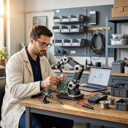 Technician repairing a robotic arm in a workshop. Technology and engineering concept.