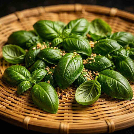 Fresh basil leaves with sesame seeds on a dark background. Selective focus.