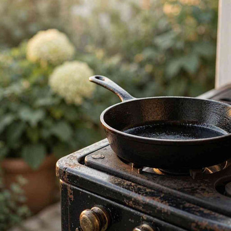 Frying pan on a vintage cast-iron stove in the garden