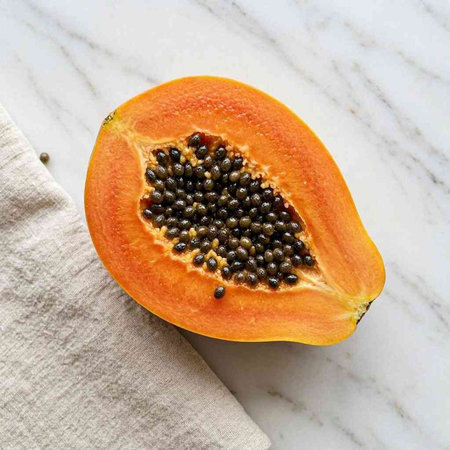 Half of ripe papaya fruit on white marble background. Top view.