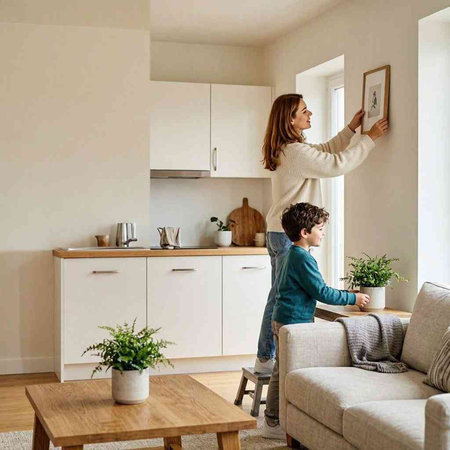 Mother and son playing together in the living room at home. Happy family concept.