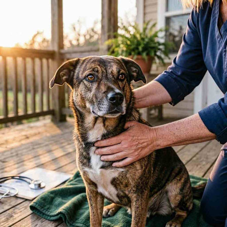 Veterinarian is taking care of a dog in a veterinary clinic.
