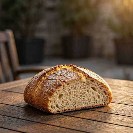 loaf of bread on a wooden table in the rays of the setting sun
