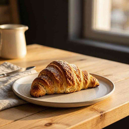 Croissant on a plate and a cup of coffee on a wooden table