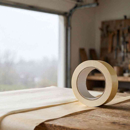 A roll of brown adhesive tape on a wooden table in the workshop