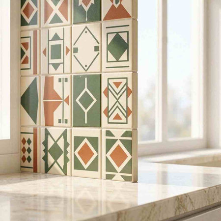 Detail of a decorative ceramic tile in a room with a window