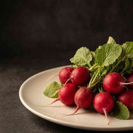 Bunch of fresh radishes on a plate on a black background