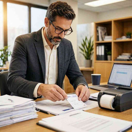 Businessman working in a modern office with documents and a laptop computer