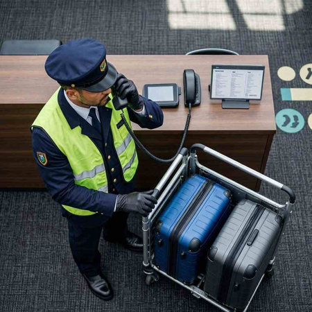 Airport security guard checking luggage at check-in counter in airport