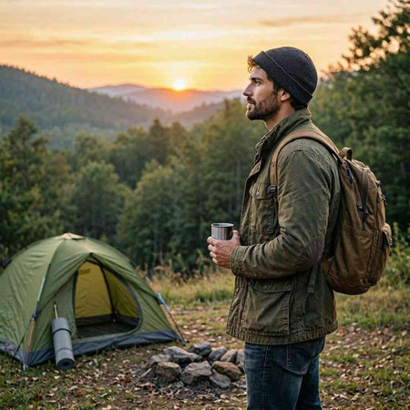 Handsome man with a backpack and a cup of coffee is standing near a tent in the mountains.