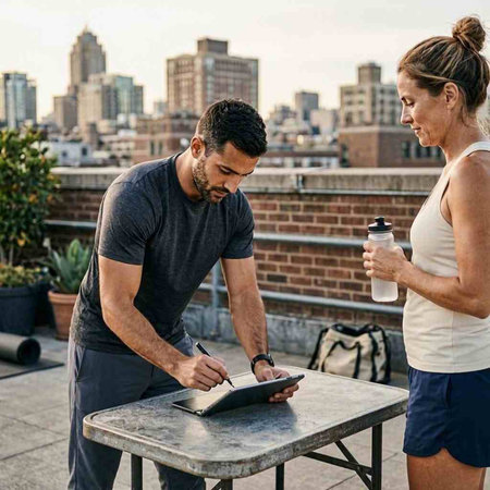 Couple Exercise Fitness Healthy Lifestyle Concept in urban setting with city view