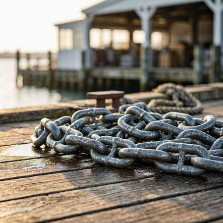 old rusty chain on a wooden pier at sunset in Venice, Italy