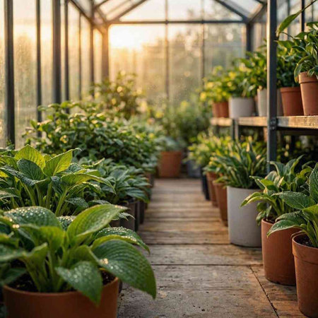 Plants in pots in a greenhouse on a sunny day. Gardening concept.