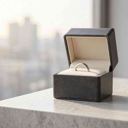 Wedding ring in a gift box on a marble table.