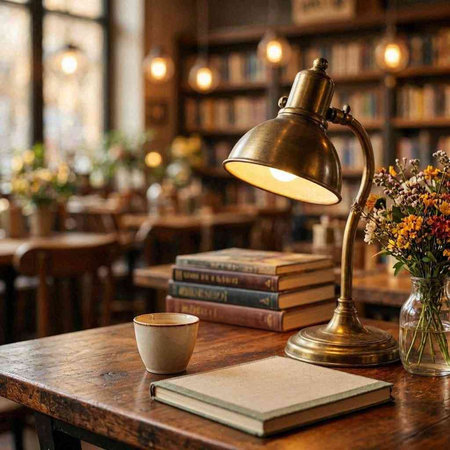 Coffee and books on a wooden table in the library.