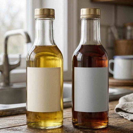 Two bottles of wine with blank labels on rustic wooden table.