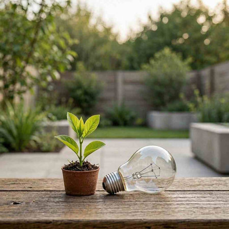 Light bulb and a small plant on a wooden table in the garden