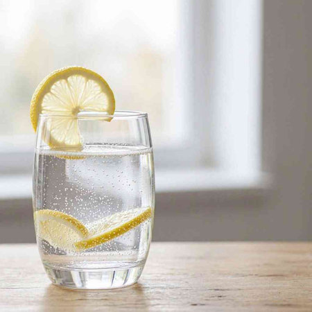 Glass of water with lemon and ice cubes on a wooden table.