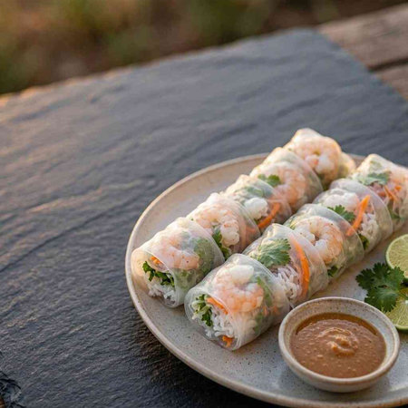 Sushi rolls with shrimps, rice, vegetables and sauce