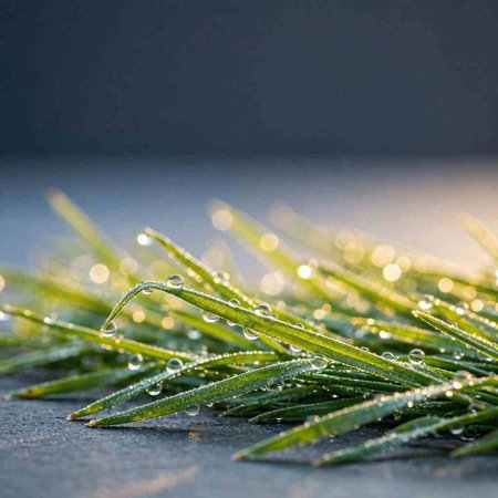 fresh grass with dew drops on black background, shallow dof