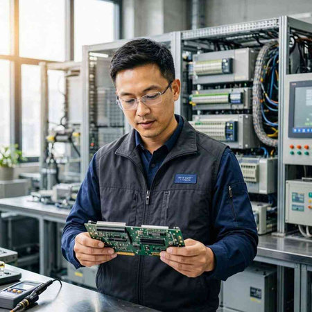 Technician or engineer working on a computer circuit board in the factory