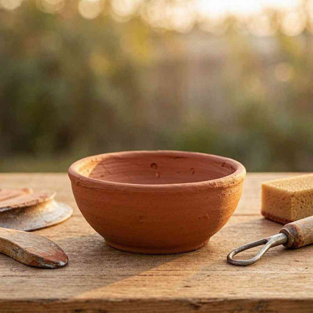 Handmade clay pottery and tools on wooden table in garden.