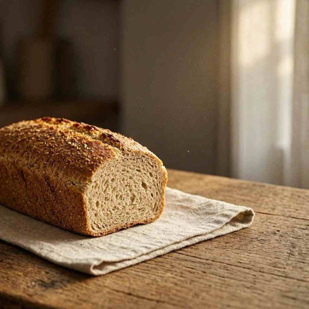 Bread on a wooden table in the kitchen. Freshly baked bread.