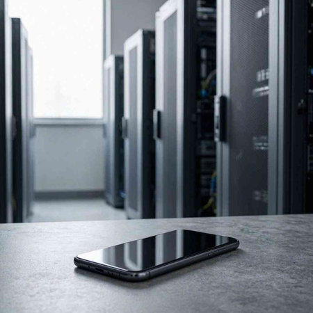 Smartphone on the table in the data center. 3D rendering
