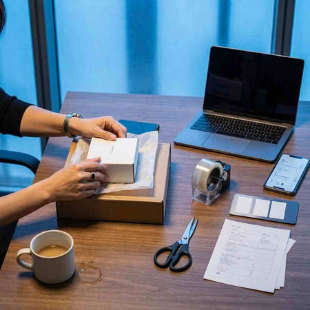 Woman packing parcel box on the table in office. Delivery service concept.