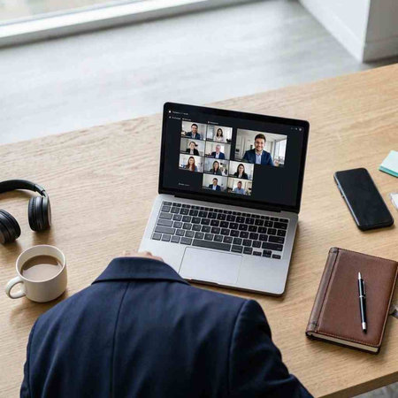 Video call business people meeting on virtual workplace or remote office. Telework conference call using smart video technology to communicate colleague in professional corporate business.