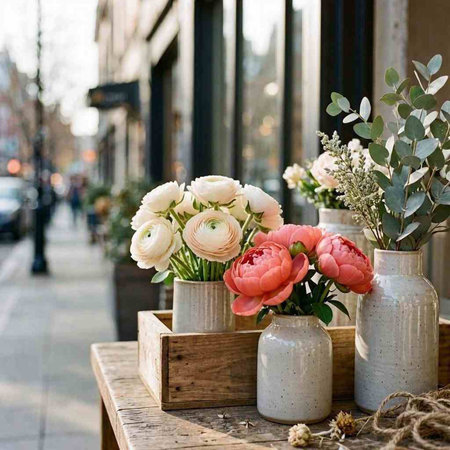 Beautiful bouquets of flowers in vases on the street
