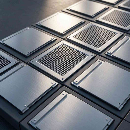 A closeup shot of a row of metal plates in a warehouse