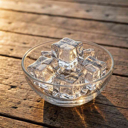 Ice cubes in a glass bowl on a wooden table with sunlight.