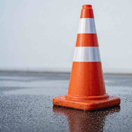 Traffic cone on wet asphalt. Rainy day. Close up.