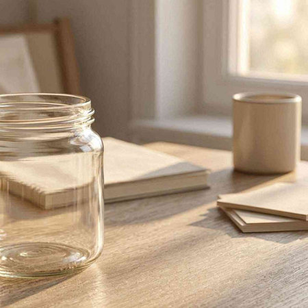Mason jar on a wooden table with books and cup of coffee