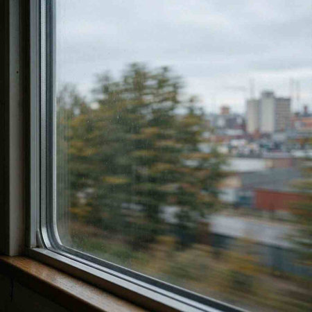 A vertical shot of a window with a blurred view of the city