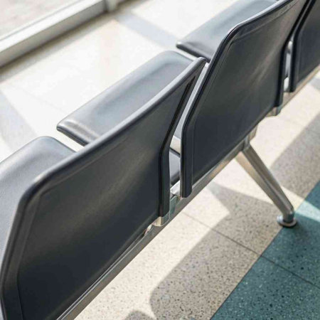 Waiting area of the airport. Waiting area with black chairs.