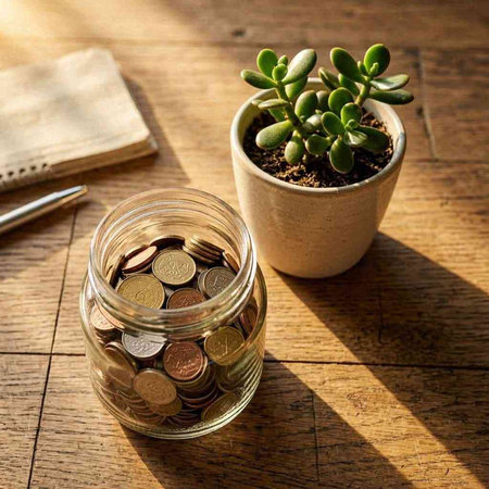 Coins in a glass jar and succulent plant on a wooden table