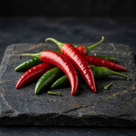 Red hot chili peppers on black stone background. Close-up.