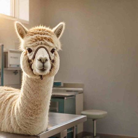 Cute alpaca in a veterinary clinic. Animal portrait.