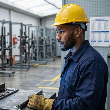 Side view of African-american male worker wearing safety helmet and looking away while standing in factory