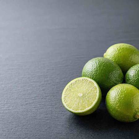 Fresh limes on black slate background. Copy space for text.