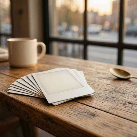 Cup of coffee and blank paper on wooden table in cafe.