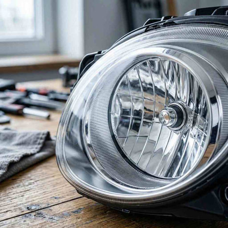 Close-up of a headlight of a car. Car service concept.
