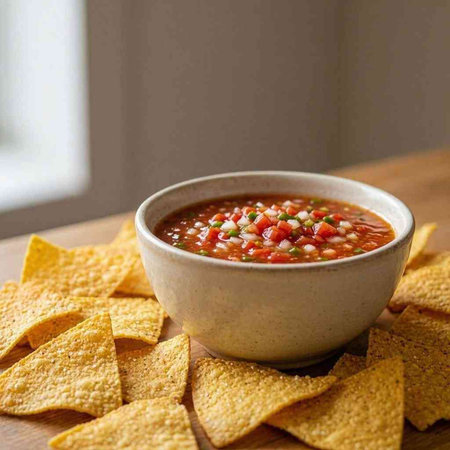 A bowl of spicy salsa with tortilla chips on a wooden table