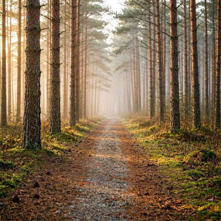 Pathway through the pine forest in the morning. Autumn season.