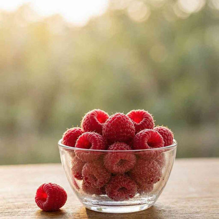 Ripe raspberries in a glass bowl on a wooden table