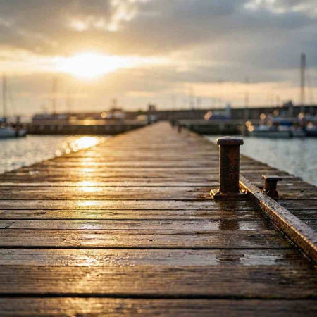 Wooden jetty and boats in the harbor at sunset, closeup