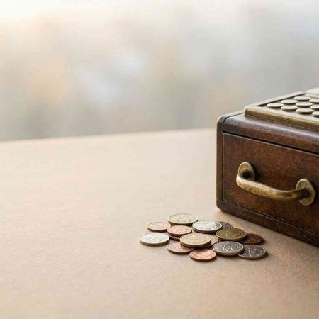 Old wooden box with coins on the table. Selective focus.