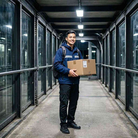 Delivery man smiling and holding parcel in the corridor of the building.